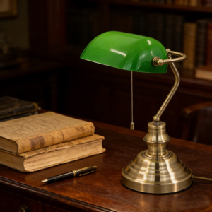 MT0166 Classic Banker's Lamp - Antique Brass Base with Green Glass Shade - Vintage Desk Light
