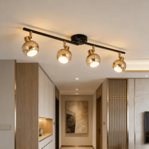 MC0097-4G 4-Light Track Ceiling Spotlight    Black & Gold Bar with Smoked Crystal Globe Shades