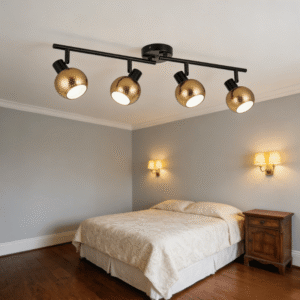 MC0097-4K 4-Light Track Ceiling Spotlight    Matte Black Bar with Hammered Gold Globe Shades