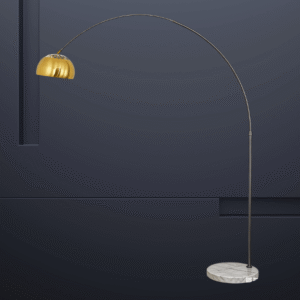 MF2605CH Arc Floor Lamp Brushed Steel Arm with Gold Dome Shade & White Marble Base