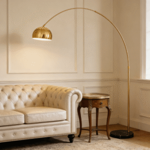 MF2605CHOversized arc floor lamp with brushed steel arm, gold dome shade, and white marble base?a dramatic statement piece for living rooms and reading nooks
