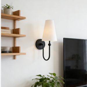 MW2609B Wall Sconce Matte Black with White Linen Shade