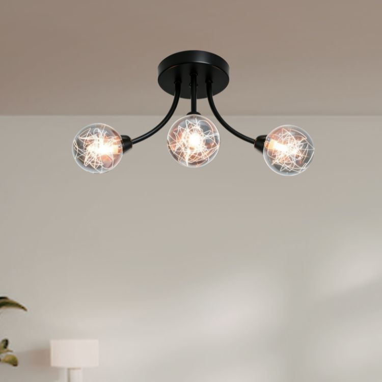 Modern Industrial Black Semi-Flush Mount Ceiling Lamp with Glass Globe Shades - Kaen Lighting